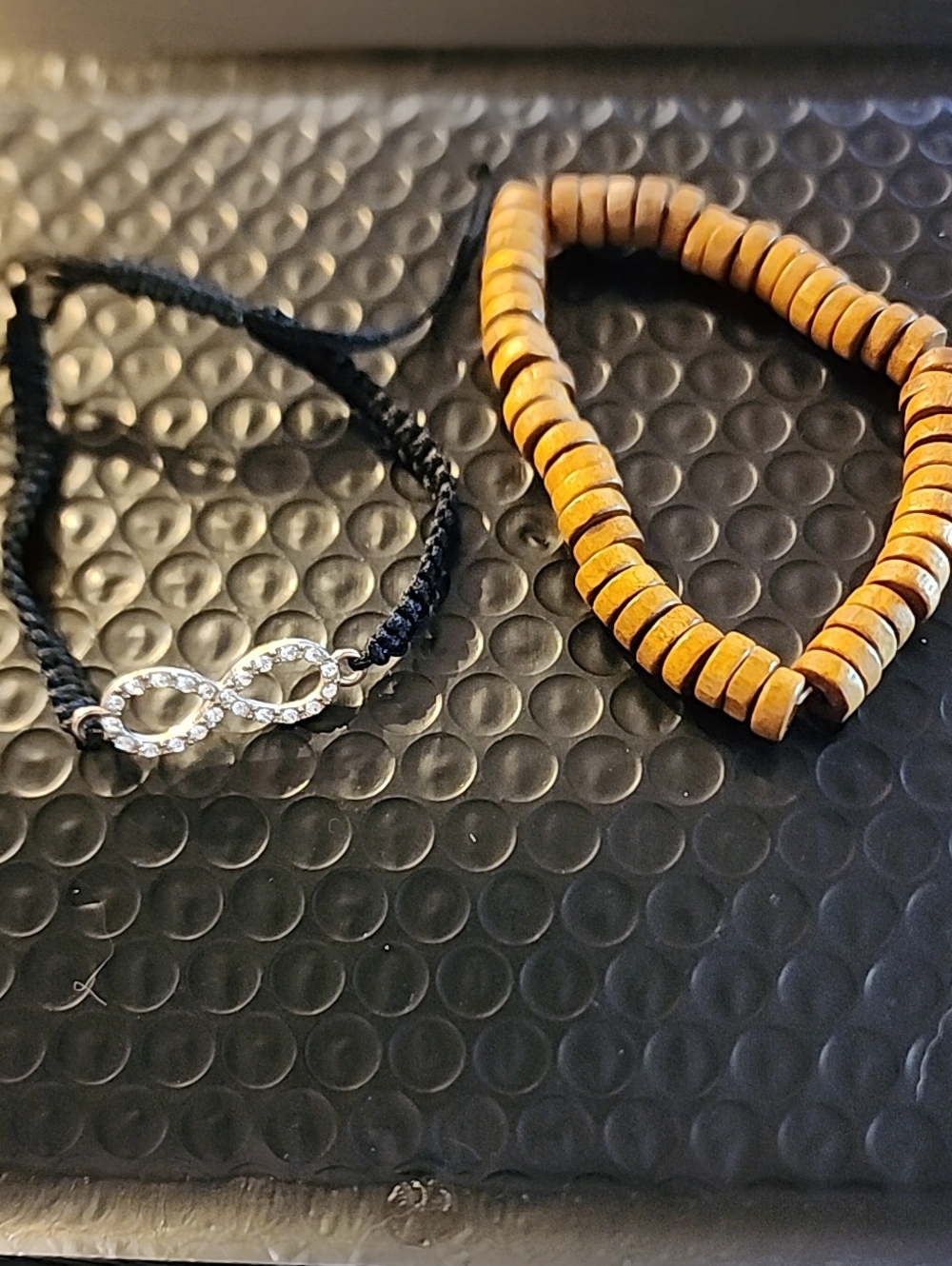 Crystal Infinity Black Cord Bracelet with Tan Wooden Bead Bracelet Set